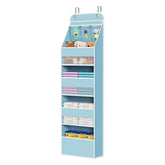 Univivi over-door organizer in blue, front view showing accessible pockets for baby items