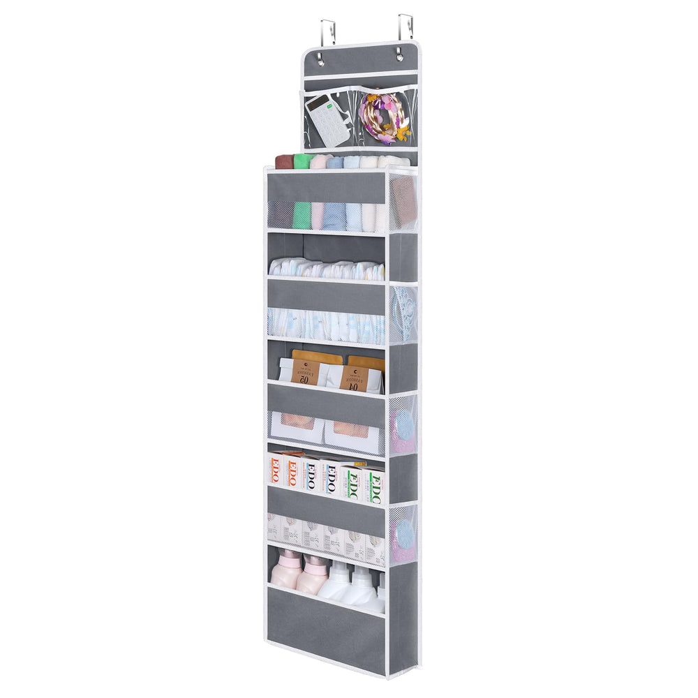 Univivi over door organizer with cosmetics pockets keeps vanity items tidy and accessible.