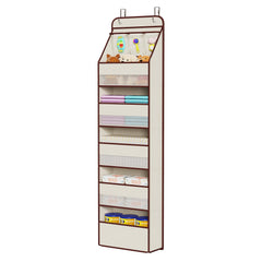 Univivi beige over-door organizer six-shelf holds baby essentials within reach.