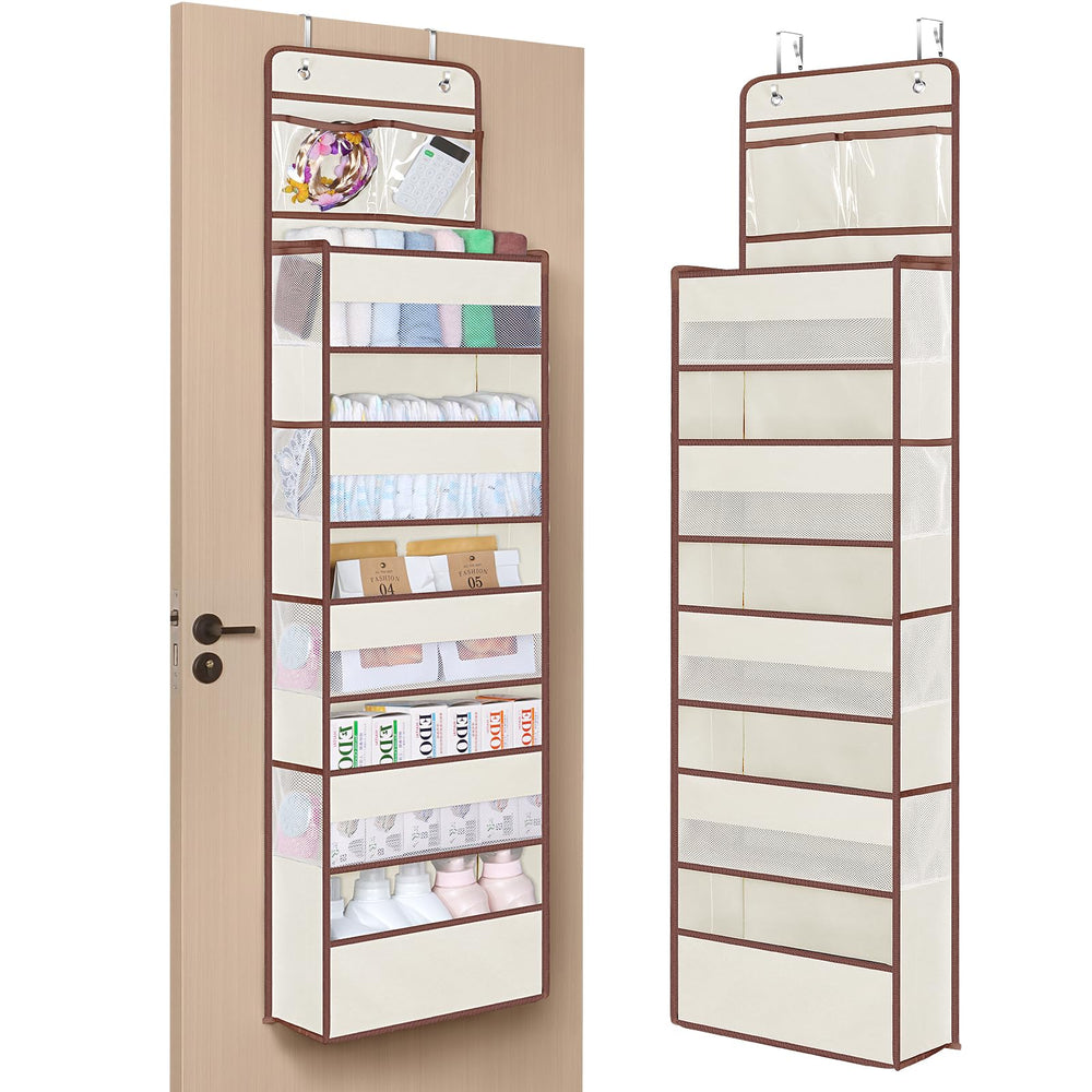Univivi over-the-door organizer beige setup showing five large compartments for cosmetics and toys