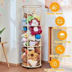 Unlumm tall storage tower demonstrates space-saving capacity for plush items.