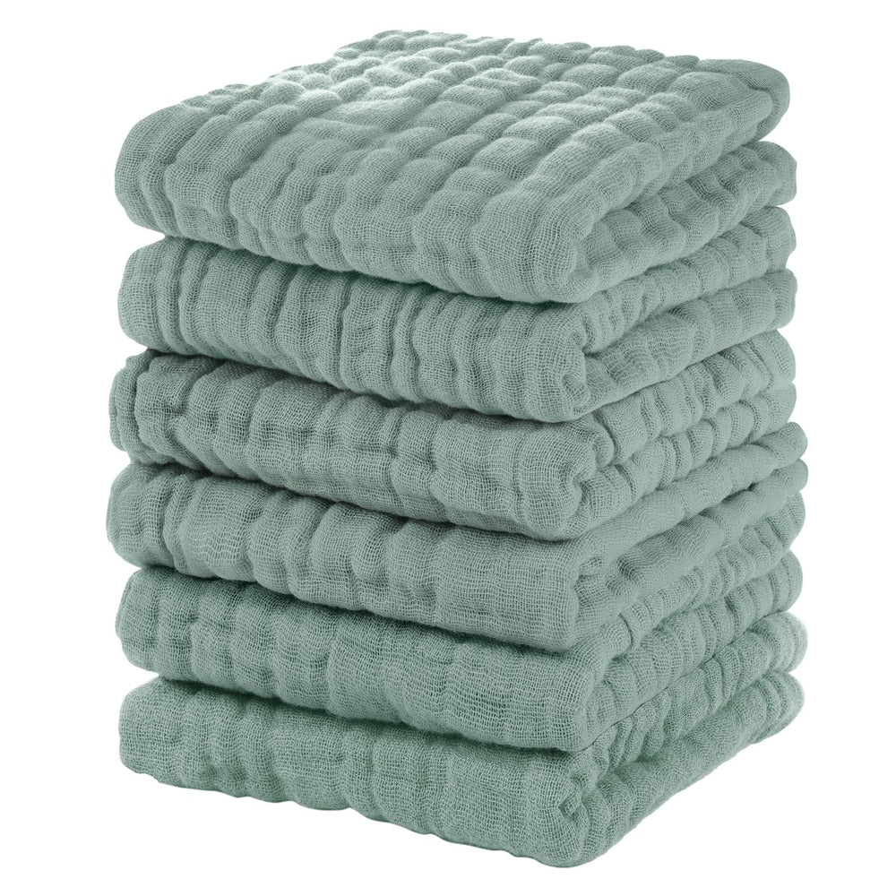 Unnivoll muslin baby washcloths six-pack in dark green for gentle baths.