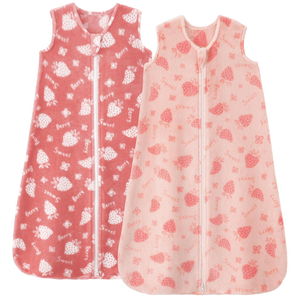 Unnivoll fleece baby sleep sack front view in pink strawberry pattern for cozy sleep.