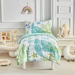 Comforter tassel detail on UOZZI BEDDING sea turtle set adds playful texture.