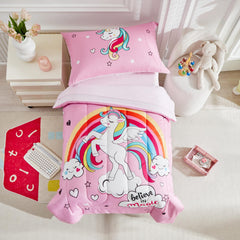 UOZZI Bedding pink unicorn comforter with tassels for toddlers, cozy bedtime.
