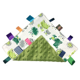 Upalupa baby tags blanket with frog pattern and colorful tags for sensory play