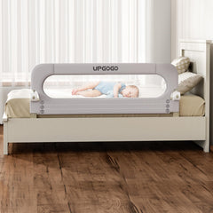 UPGOGO folding bed rail in gray showing a 59x23.6 inch frame for safe toddler sleep