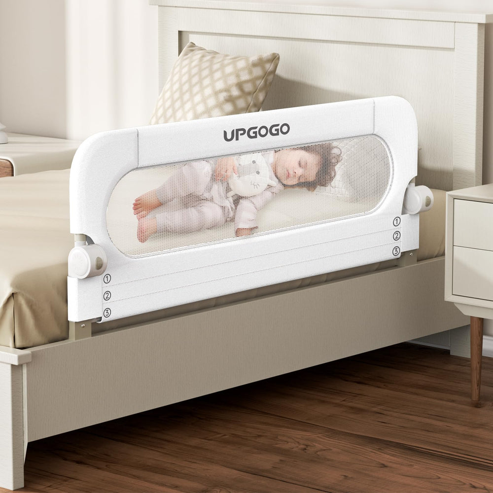 UPGOGO folding bed rail in white ready for toddler bedtime use