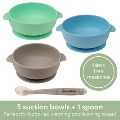 UpwardBaby suction bowls securely attached to tray to reduce spills.