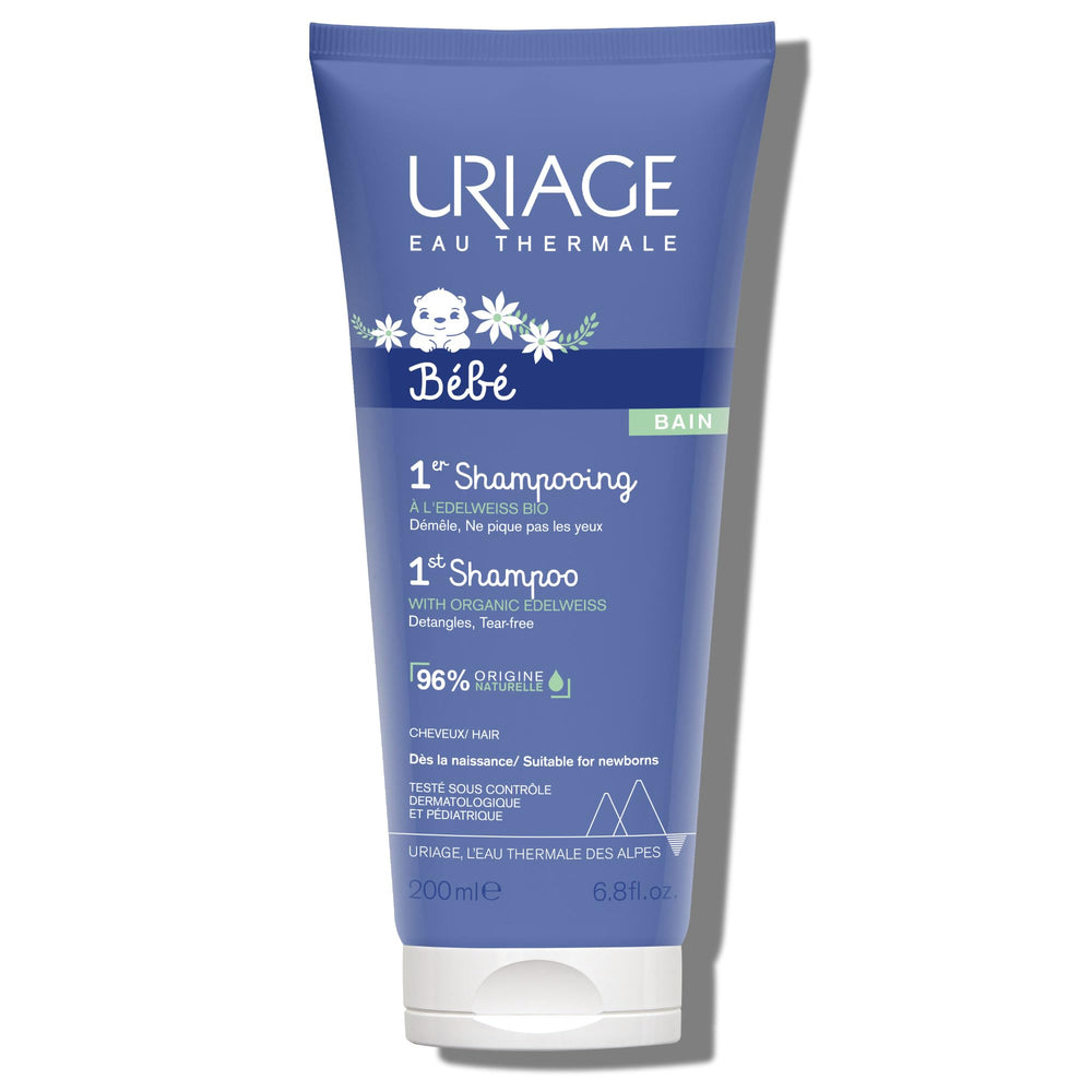 Uriage Baby 1st Shampoo bottle featuring Organic Edelweiss for gentle cleansing.