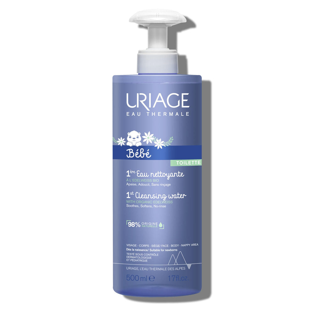 Uriage Baby 1st Cleansing Water bottle pour for quick no-rinse cleansing.