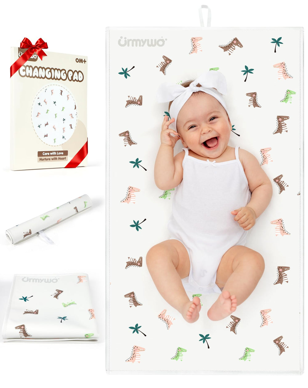 URMYWO changing pad with dinosaur pattern offers soft, sanitary on-the-go changes.