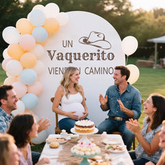 Usumz Cowboy Baby on the Way Backdrop Decal creates warm pregnancy announcement photos.