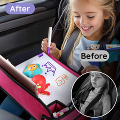 UTOLOVE travel tray storage compartments keeping snacks and toys organized.