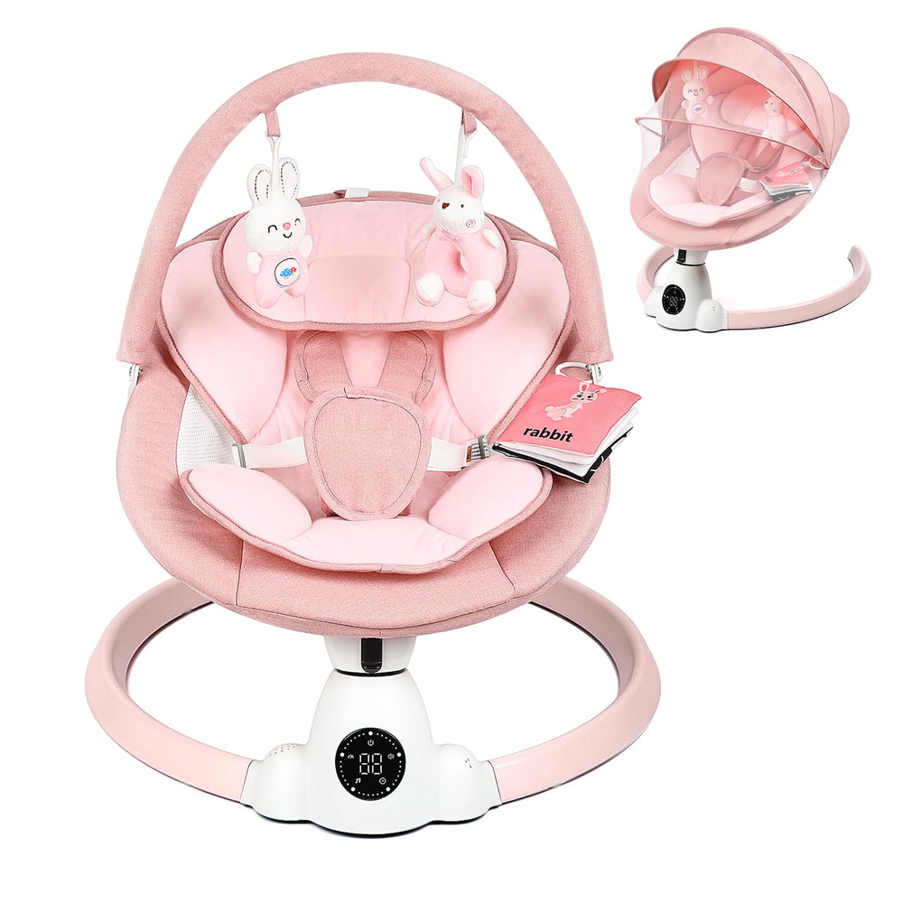 Uuoeebb baby swing seat close-up showing plush cushion for infant comfort.