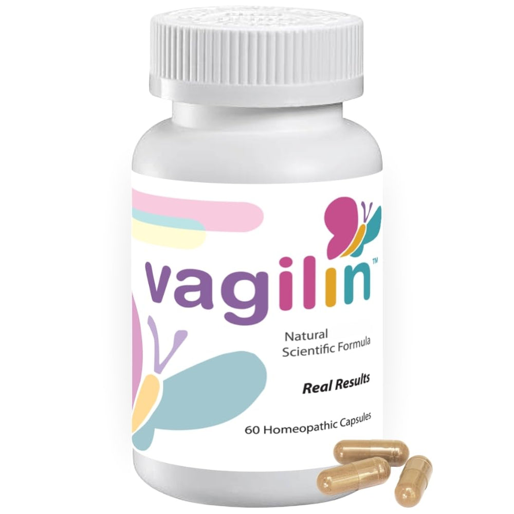 Vagilin bottle and pour illustrating a daily plant-based supplement for feminine balance.