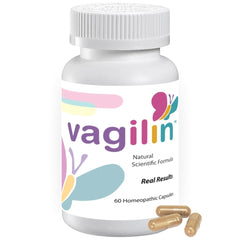 Vagilin bottle and pour illustrating a daily plant-based supplement for feminine balance.