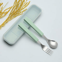 VANRA dinner spoon and fork shown in protective green case for school lunches