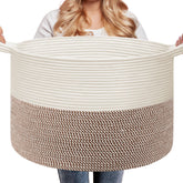 Vazpalas extra-large cotton rope basket in white and brown, ideal for blankets and pillows.