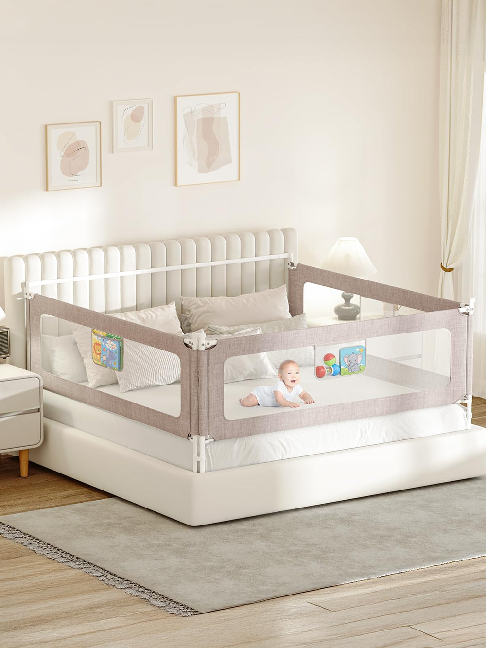 VBABY 3-piece bed rails assembly showing sturdy triangular fixation for stability.