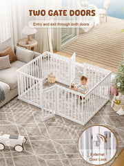 VBABY playpen with multiple configurations to block stairs or encircle a sofa.