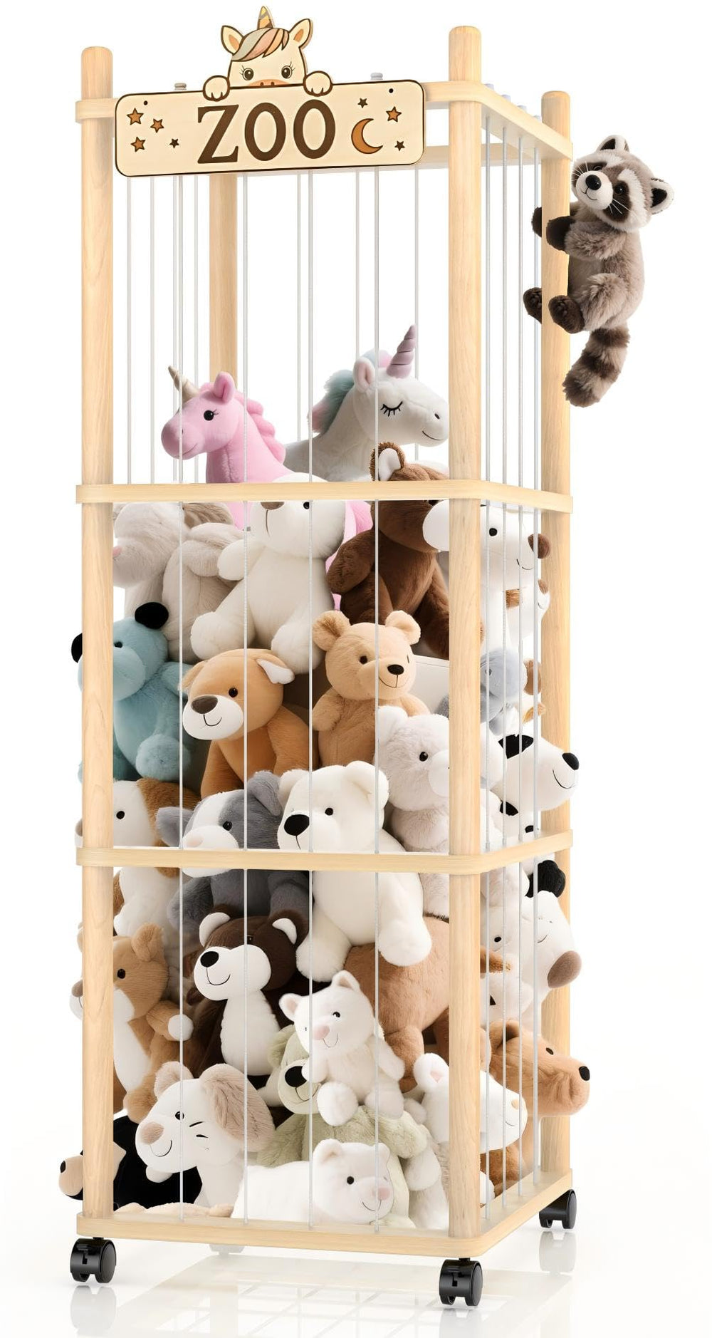 Vecxoty Zoo Tower top view shows tall wooden storage for plush toys, keeps floors clear