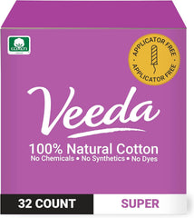 Veeda tampons with no applicator in compact packaging for eco-conscious use.