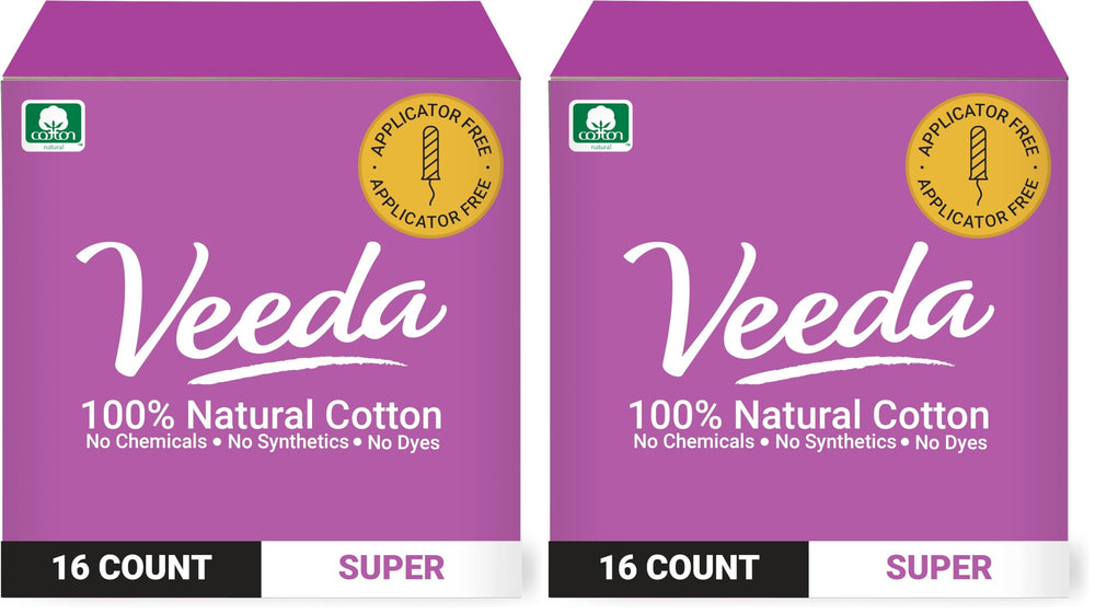 Veeda tampons non-applicator compact design for discreet on-the-go use.
