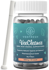 VeeFresh Veecleanse boric acid suppositories pack for daily vaginal health support.