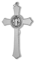 Venerare Saint Benedict cross enamel black side view, bold devotional presence.