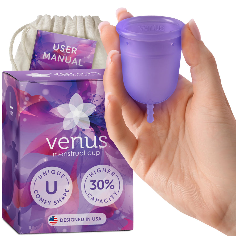 Venus menstrual cup large overview highlighting its reusable design for heavy flow and long wear.