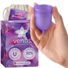Venus menstrual cup large overview highlighting its reusable design for heavy flow and long wear.