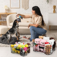Vesici stylish bone toy bin enhances living room decor while tidying supplies.