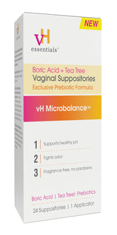 vH essentials boric acid tea tree suppositories packaging showing balanced feminine care