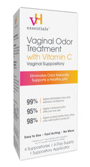 vH essentials Vaginal Odor Treatment box shown with six-day supply for balanced pH and discreet care.