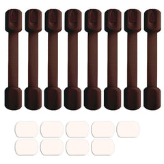 Viaky cabinet locks with adhesive straps secure a cabinet door for child safety.