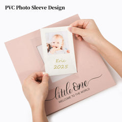 Vienrose fabric cover baby memory book shows a window for cherished newborn photo.