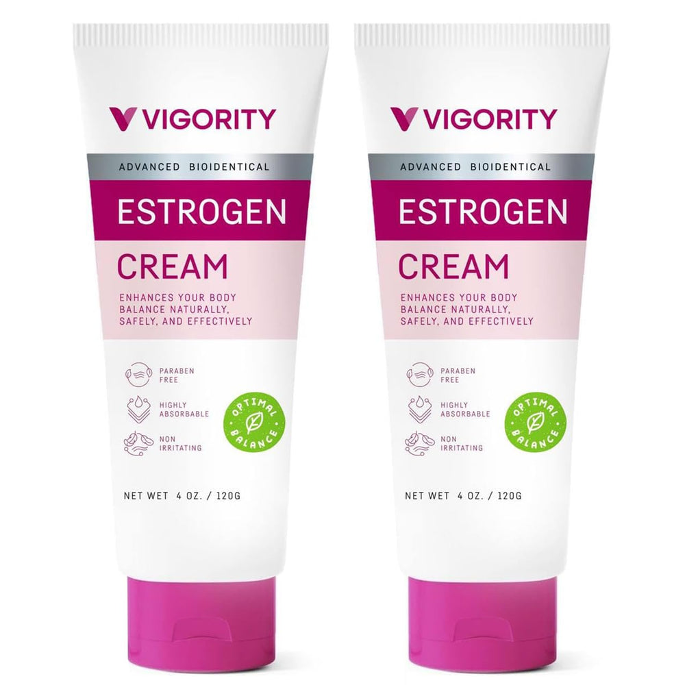 Vigority Estrogen Cream bottle close-up showcasing premium packaging and daily hydration.