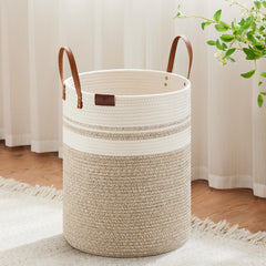 VIPOSCO tall laundry basket with leather handle for easy carrying between rooms.