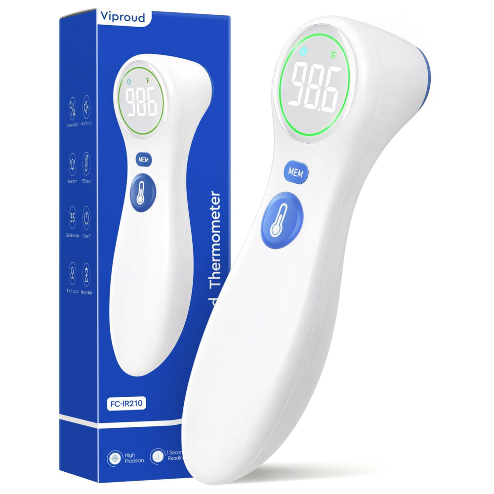 Viproud no-touch thermometer measuring forehead quickly for safe fever checks.
