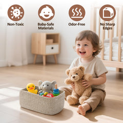 VIRETH HAUS medium black woven basket on nursery changing table.