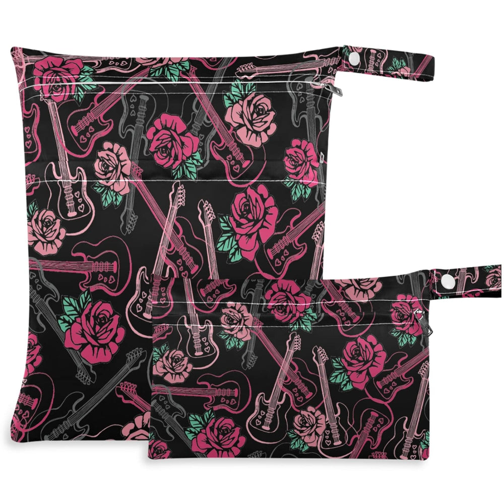 Visesunny guitar-rose floral wet bag with large capacity for travel and diaper storage.
