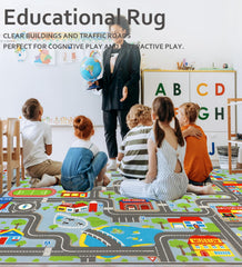 VSIWB road map illustration on rug inspires pretend trips and learning.