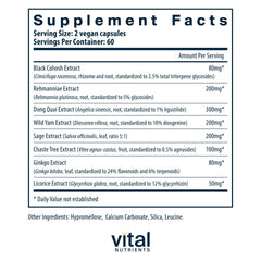 Vital Nutrients Menopause Support bottle back with purity and allergen-free claims