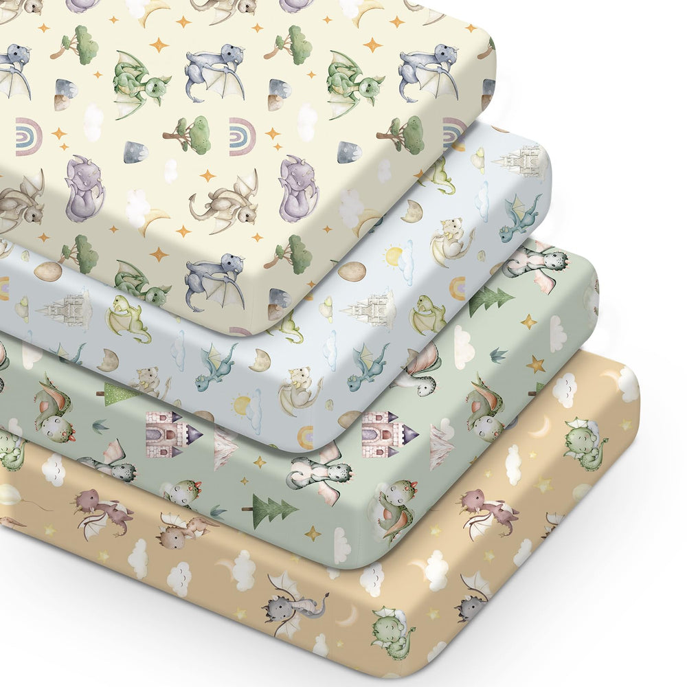 VitalCozy watercolor dragon crib sheet set on a cozy nursery bed.