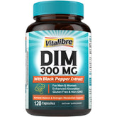 Vitalibre DIM 300mg bottle closeup highlighting high-absorption formula for estrogen balance.