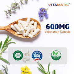 Vitamatic capsule close-up highlighting gluten-free and non-GMO formulation.