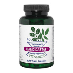 Vitanica Candidastat bottle label promoting yeast balance support.