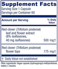 Vitanica Red Clover capsules close-up highlighting isoflavone blend for hormonal balance.