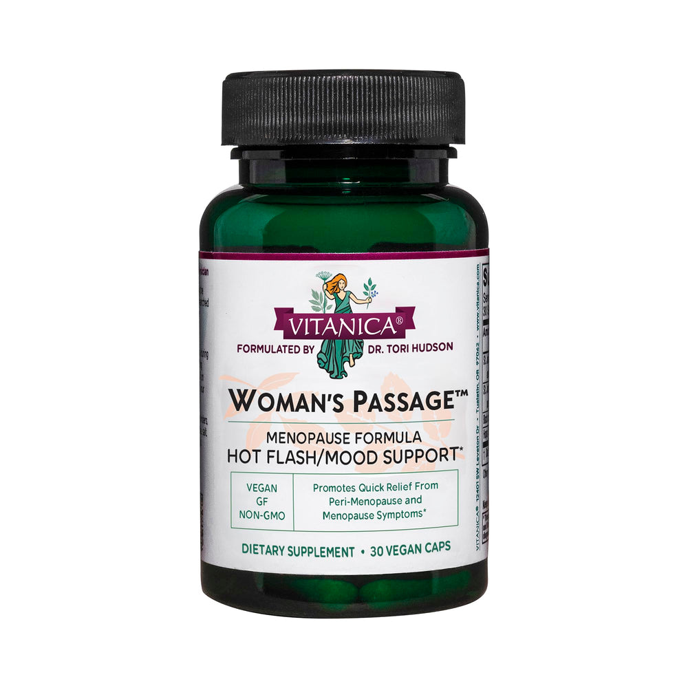 Vitanica Woman's Passage bottle front view for menopause support.